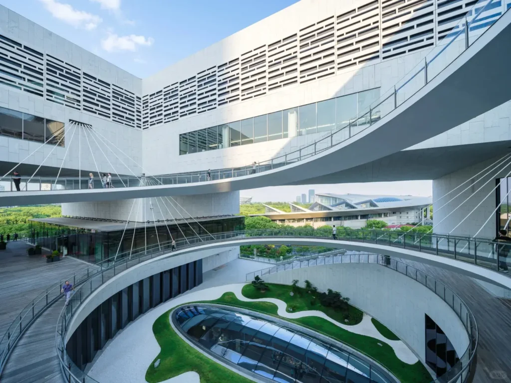 Spiral ramp connecting exhibition floors and offering city views
